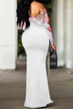 White Purple Sexy Flowers Print Ruffle Contrast Off Shoulder Long Dresses