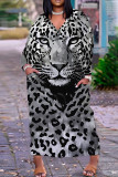 Black Casual Print Pocket V Neck Long Plus Size Dresses
