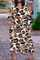 White Casual Daily Chain print Pocket Basic V Neck Long Plus Size Dresses