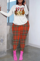 White Khaki Casual Print Basic O Neck Long Sleeve Two Pieces