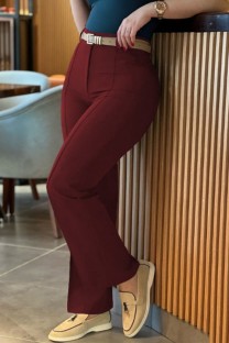 Deep Red Casual Solid Color Basic Straight High Waist Straight Solid Color Trousers (Without Belt)