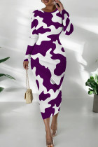 Purple Casual Print Patchwork O Neck Long Dresses