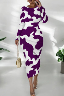 Purple Casual Print Patchwork O Neck Long Dresses