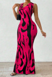 Red Casual Print Basic V Neck Long Dresses