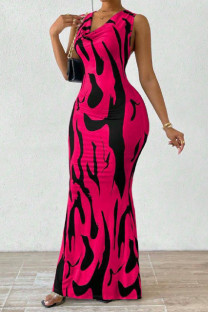 Red Casual Print Basic V Neck Long Dresses