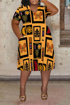 Yellow Casual Colorblock National Totem Print Pocket Contrast V Neck Printed Plus Size Dresses