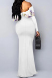 White Purple Sexy Flowers Print Ruffle Contrast Off Shoulder Long Dresses