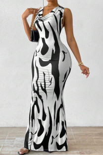 Black White Casual Print Basic V Neck Long Dresses