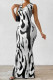 Black White Casual Print Basic V Neck Long Dresses