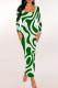 Green Casual Stripe Patchwork U Neck Wrapped Skirt Dresses