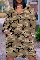 Camel Casual Camouflage Print Pocket Basic V Neck Long Sleeve Plus Size Dresses