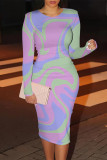 Multicolor Casual Street Geometric Print Contrast O Neck Printed Dresses