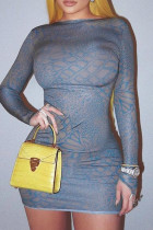 Gray Blue Sexy Print Patchwork O Neck Wrapped Skirt Dresses