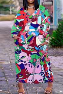 Rose Red Casual Print Pocket V Neck Long Plus Size Dresses