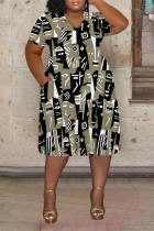 Grey Casual Colorblock National Totem Print Pocket Contrast V Neck Printed Plus Size Dresses