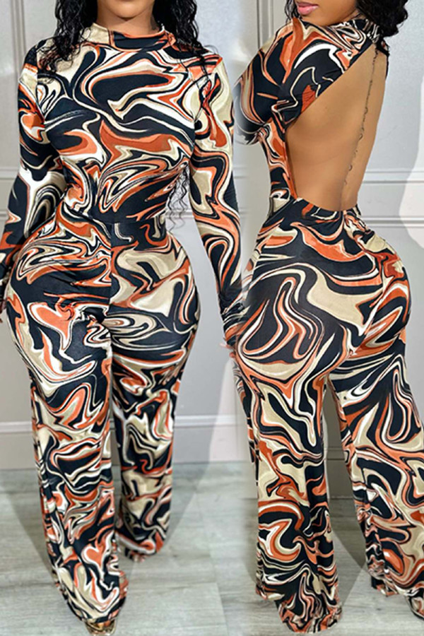 Tangerine Red Casual Print Patchwork Backless O Neck Skinny Jumpsuits