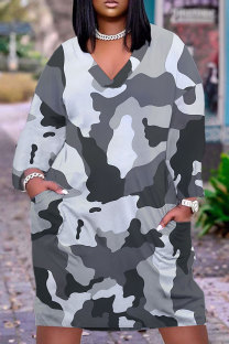 Grey Casual Camouflage Print Pocket Basic V Neck Long Sleeve Plus Size Dresses