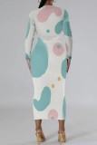 White Green Casual Print Basic O Neck Long Sleeve Dresses