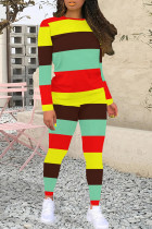 Brown Green Casual Colorblock Patchwork O Neck Long Sleeve Two Pieces