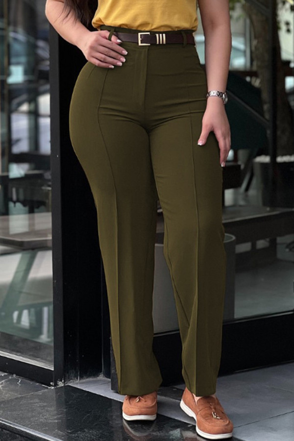 Olive Green Casual Solid Color Basic Straight High Waist Straight Solid Color Trousers (Without Belt)