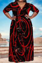 Black Red Casual Geometric Print Lace Up Contrast V Neck Printed Plus Size Dresses