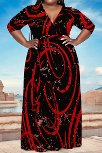 Black Red Casual Geometric Print Lace Up Contrast V Neck Printed Plus Size Dresses