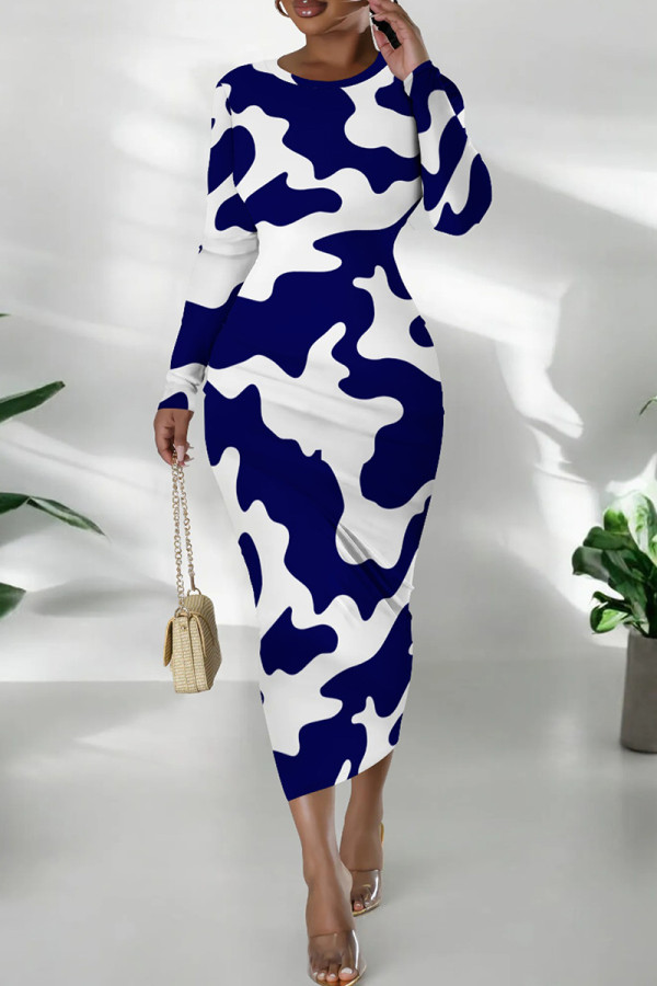 Tibetan Blue Casual Print Patchwork O Neck Long Dresses