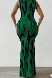 Red Casual Print Basic V Neck Long Dresses
