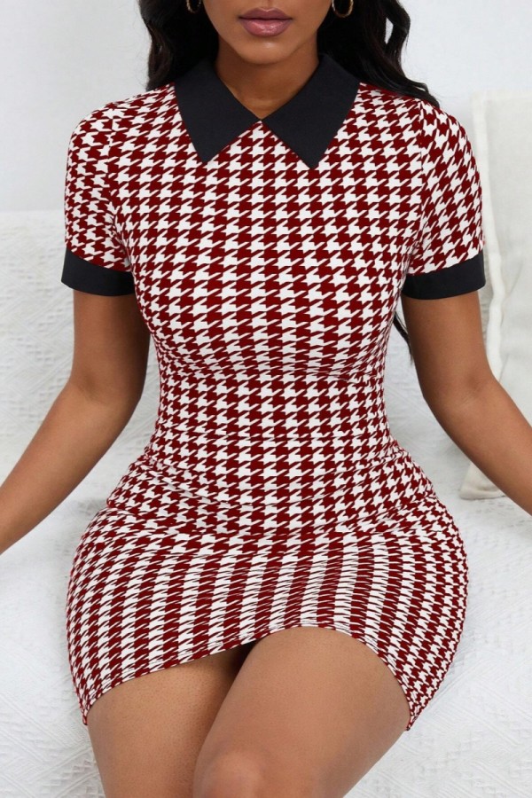 Brick Red Casual Print Patchwork Turndown Collar Short Sleeve Short Sleeve Dress