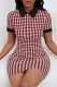 Brick Red Casual Print Patchwork Turndown Collar Short Sleeve Short Sleeve Dress