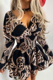 Black khaki Casual Print Solid Patchwork V Neck Long Sleeve Dresses