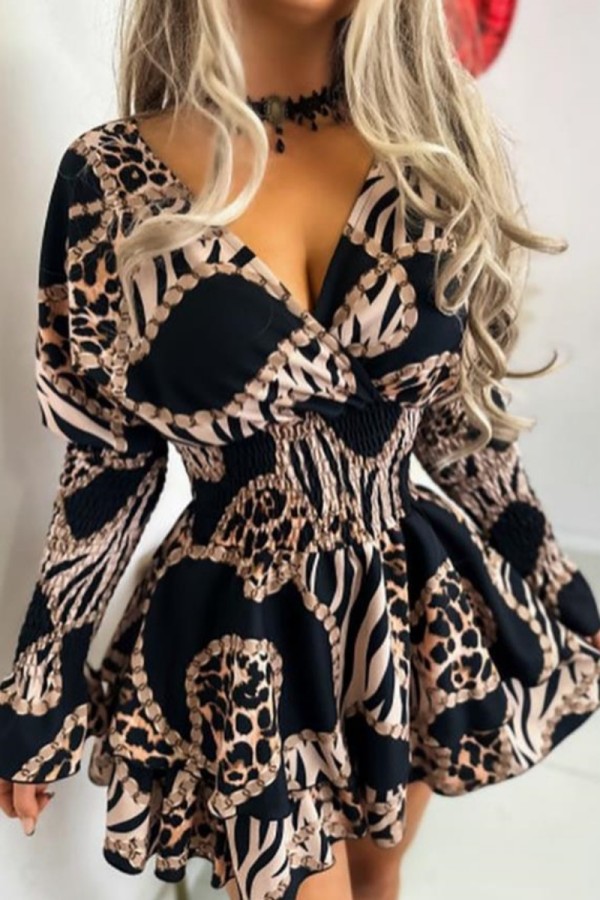 Black khaki Casual Print Solid Patchwork V Neck Long Sleeve Dresses