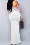 White Purple Sexy Flowers Print Ruffle Contrast Off Shoulder Long Dresses