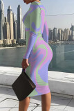 Multicolor Casual Street Geometric Print Contrast O Neck Printed Dresses