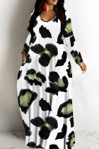 White Casual Leopard Print Basic V Neck Long Dresses