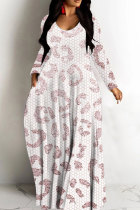 White Pink Casual Leopard Print Basic V Neck Long Dresses