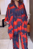 Red Blue Casual Print Patchwork V Neck Plus Size Two Pieces