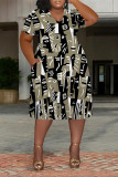 Yellow Casual Colorblock National Totem Print Pocket Contrast V Neck Printed Plus Size Dresses