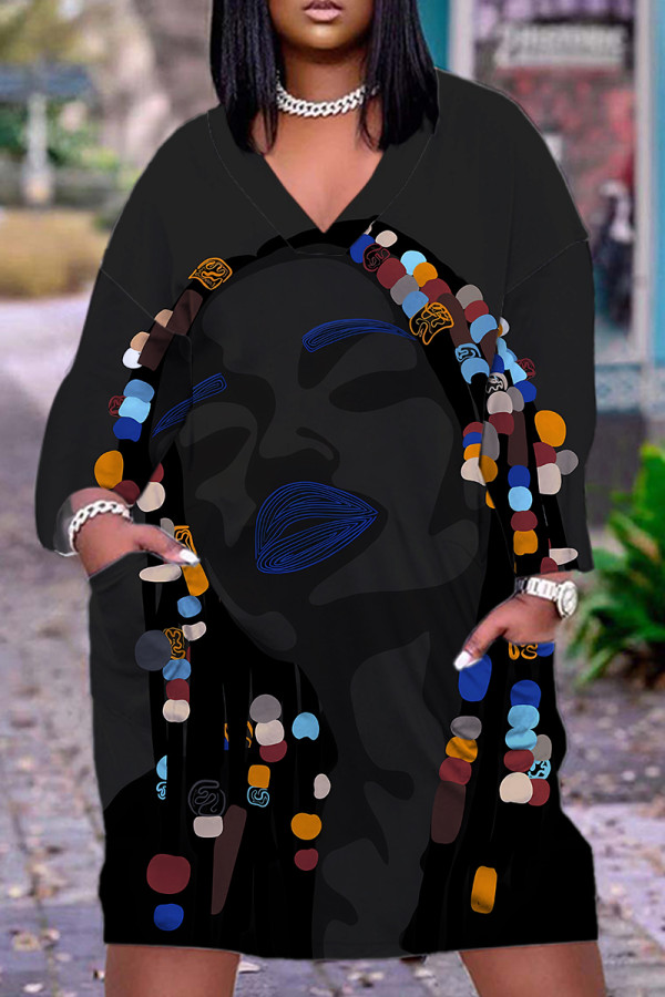 Black Casual Daily Print Pocket Basic V Neck Long Sleeve Plus Size Dresses