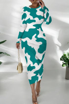 Cyan Casual Print Patchwork O Neck Long Dresses