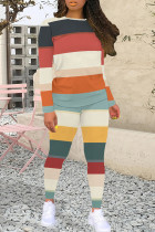 Multicolor Casual Colorblock Patchwork O Neck Long Sleeve Two Pieces