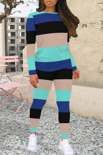 Cyanine Casual Colorblock Patchwork O Neck Long Sleeve Two Pieces