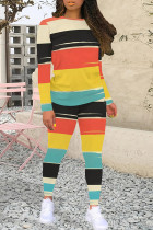 Orange Yellow Casual Colorblock Patchwork O Neck Long Sleeve Two Pieces