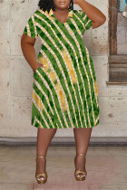 Green Casual Colorblock National Totem Print Pocket Contrast V Neck Printed Plus Size Dresses