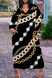 Black Brown Casual Daily Chain print Pocket Basic V Neck Long Plus Size Dresses