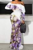 White Purple Sexy Flowers Print Ruffle Contrast Off Shoulder Long Dresses