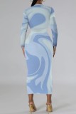White Green Casual Print Basic O Neck Long Sleeve Dresses