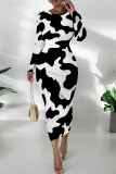 Black And White Casual Print Patchwork O Neck Long Dresses