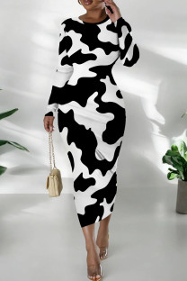 Black And White Casual Print Patchwork O Neck Long Dresses