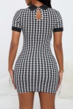 Deep Red Casual Print Patchwork Turndown Collar Short Sleeve Short Sleeve Dress